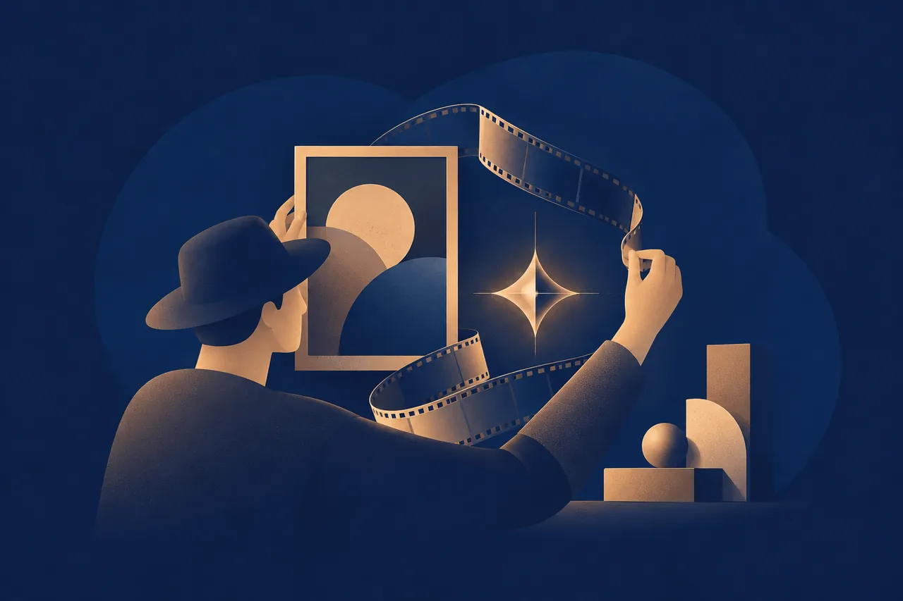 Görsel çerçeve ve film şeridiyle çalışan yaratıcı yönetmen — Prix Studio illüstrasyonu