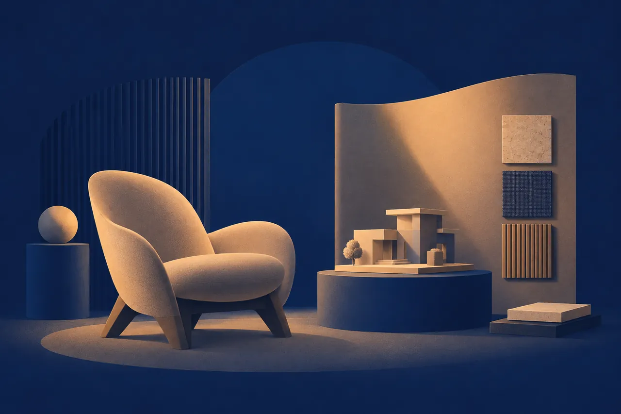 Modern koltuk, mimari maket ve malzeme örnekleri — Prix Studio illüstrasyonu