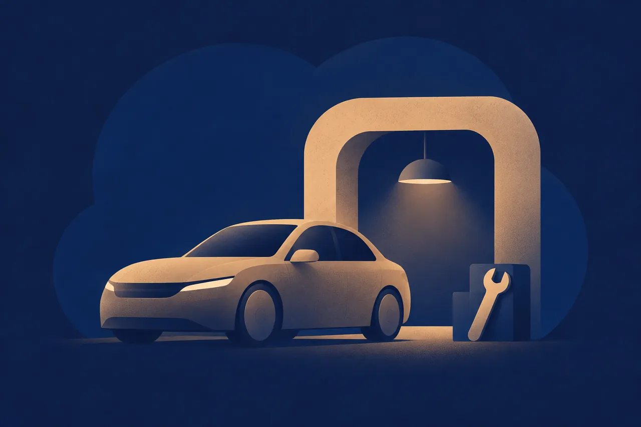Otomobil ve servis alanını anlatan minyatür düzen — Prix Studio illüstrasyonu