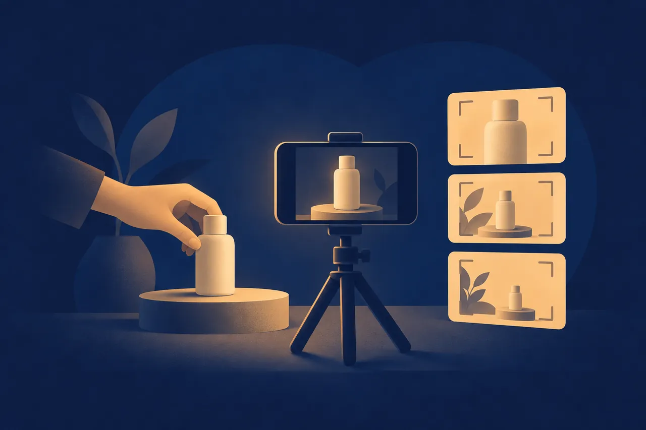 Ürün anlatımı çeken telefon, tripod ve video senaryo kartları — Prix Studio illüstrasyonu