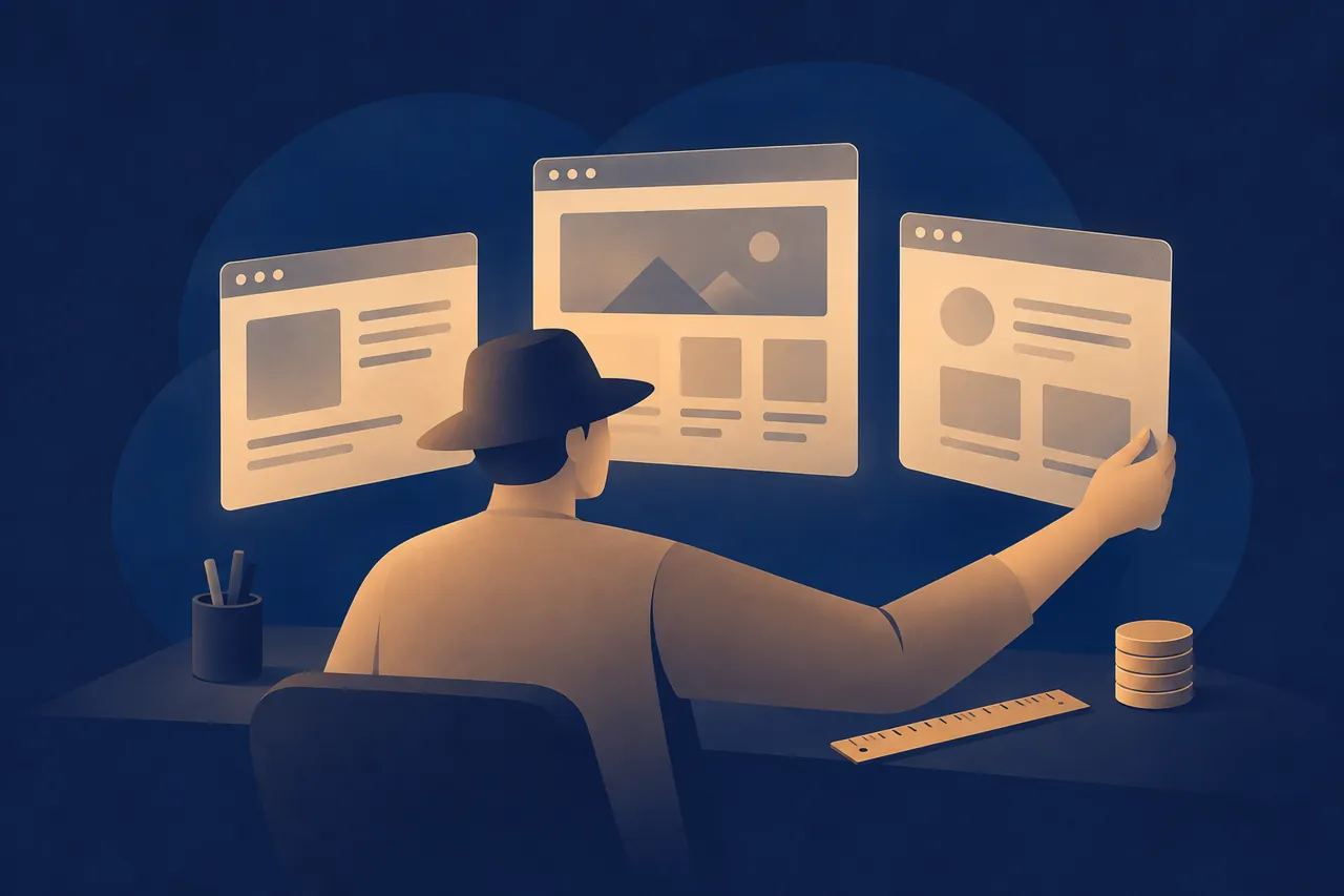 Tarayıcı panelleri ve tasarım ölçülerini düzenleyen web tasarımcısı — Prix Studio illüstrasyonu