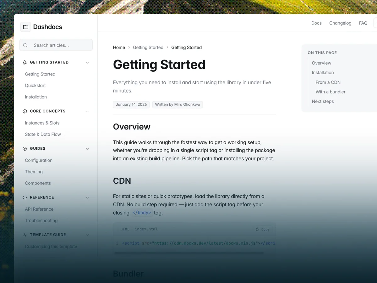Dashdocs — Dokümantasyon ve Yardım Merkezi Framer örneği