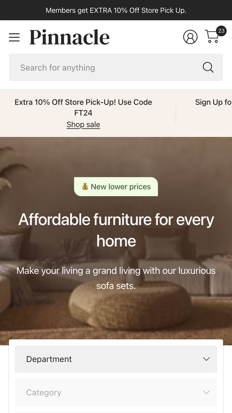 Pinnacle — Mobilya ve Ev Eşyaları Shopify örneği