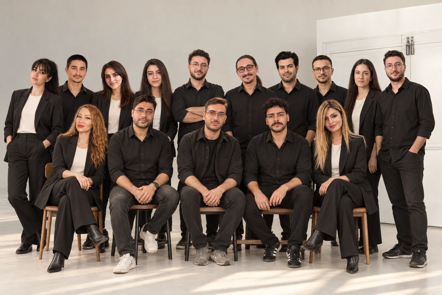 Prix Studio ekibi doğal gün ışığı alan stüdyoda bir arada