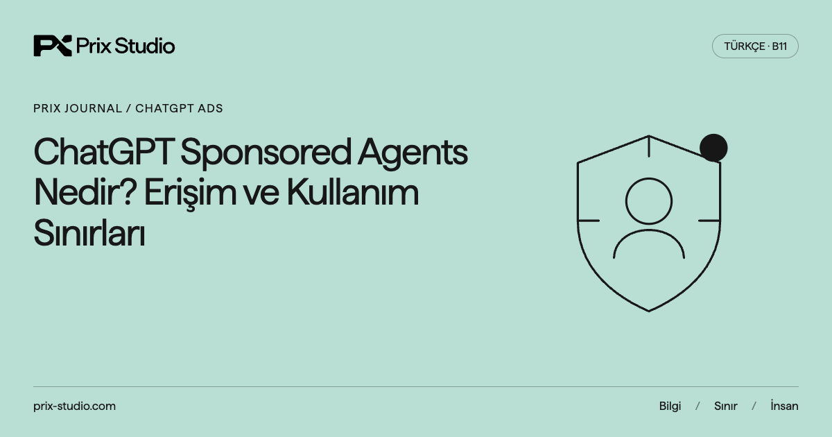 ChatGPT Sponsored Agents Nedir? Erişim ve Kullanım Sınırları: koruyucu kalkan ve kişi simgesi içeren Prix kapak tasarımı.