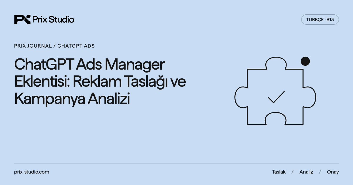 ChatGPT Ads Manager Eklentisi: Reklam Taslağı ve Kampanya Analizi: eklenti yapbozu ve onay simgesi içeren Prix kapak tasarımı.