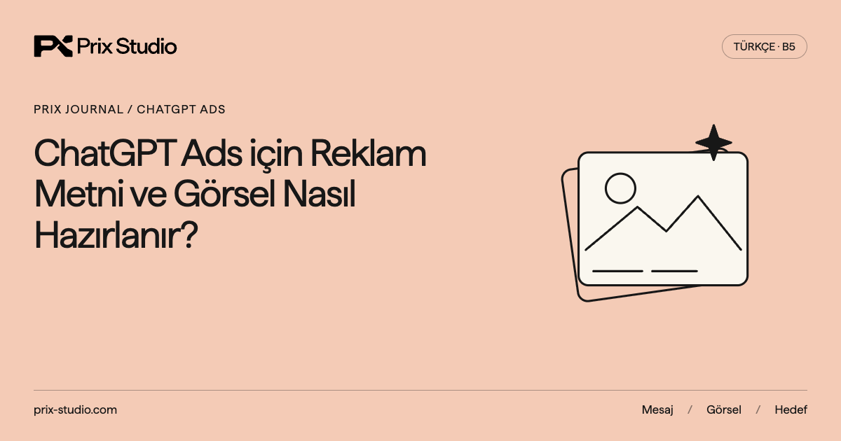 ChatGPT Ads için Reklam Metni ve Görsel Nasıl Hazırlanır?: görsel kartları ve kreatif simgesi içeren Prix kapak tasarımı.