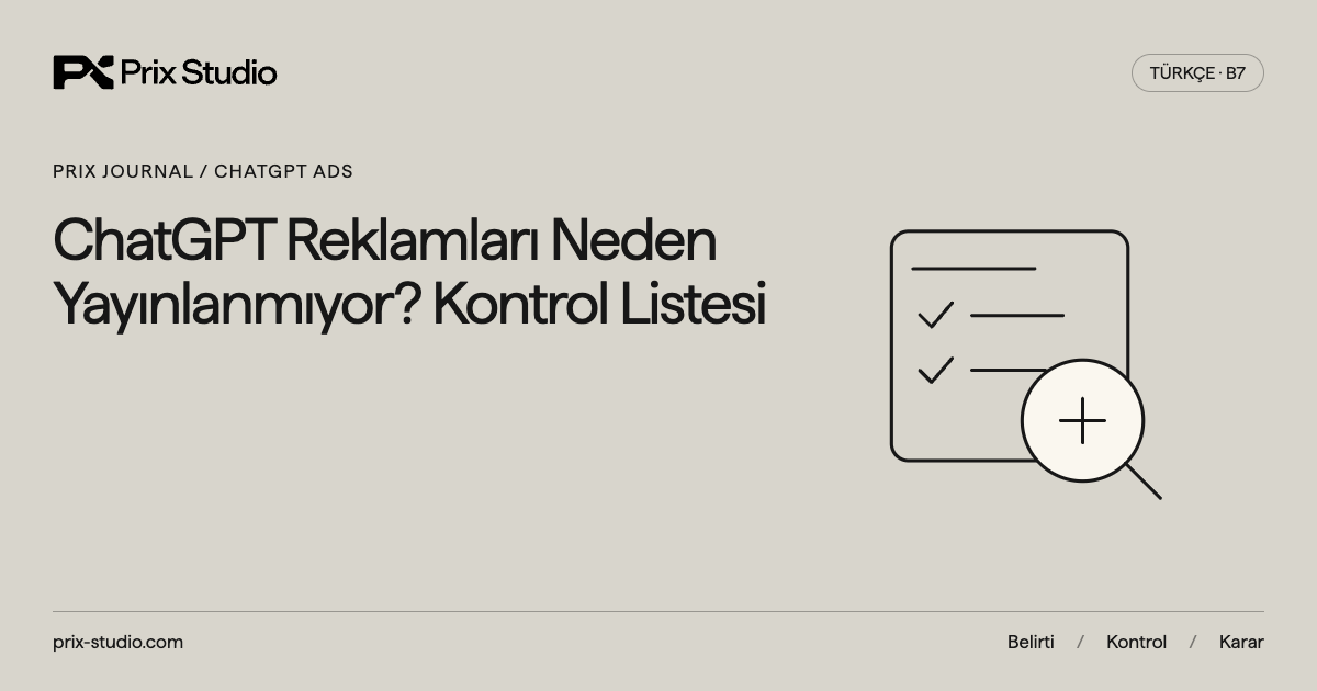 ChatGPT Reklamları Neden Yayınlanmıyor? Kontrol Listesi: kontrol listesi ve büyüteç içeren Prix kapak tasarımı.